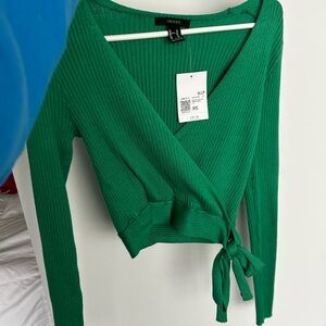 Forever 21 Emerald Ribbed Tie Front Crop Top